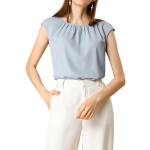 Allegra K Women's Work Business Pleated Round Neck Chiffon Cap Sleeve Casual Blouse - 1 of 4
