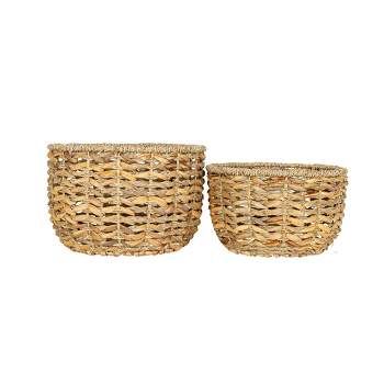Set of 2 Hand Woven Baskets Natural Water Hyacinth, Seagrass & Rope by Foreside Home & Garden