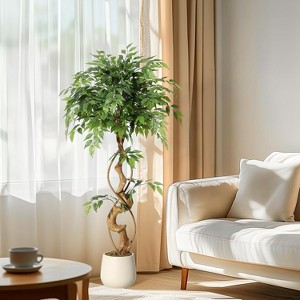 Tall Ficus Tree Artificial, Faux Ficus Tree with Curved Trunk, Fake Trees Indoor Outdoor for Home Office Living Room with White Pot - 1 of 4