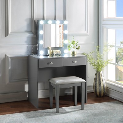 Sapphtopaz Makeup Vanity Desk with Mirror and Lights, Wood Makeup Table and Stool Set with 10 Lights and USB Port and Power Outlet