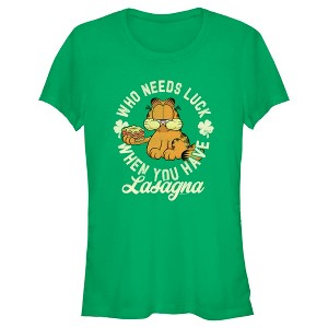 Juniors Womens Garfield St. Patrick's Day Who needs Luck when You have Lasagna T-Shirt - 1 of 4