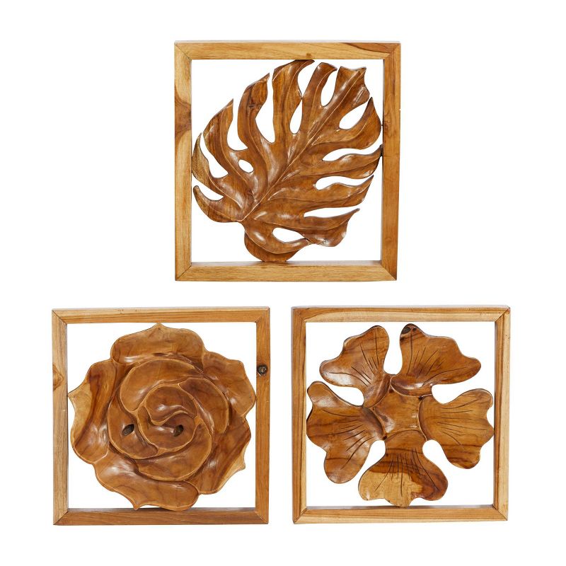 Set of 3 Teak Wood Floral Handmade Framed Carved Leaf and Wall Decors Brown - Olivia &#38; May, 3 of 6