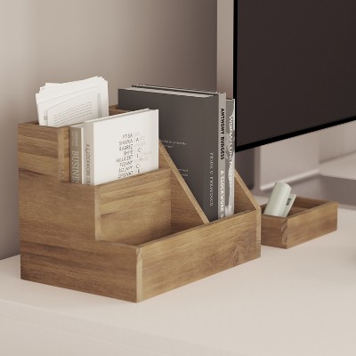 Rustic Brown Pine Wood 3-Piece Desk Organizer Set