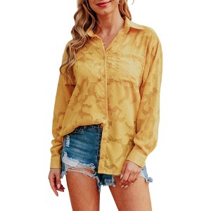 Anna-Kaci Women's Floral Long Sleeves Semi Sheer Turndown Collar Button Down Blouse Shirt- Large ,Yellow - 1 of 4