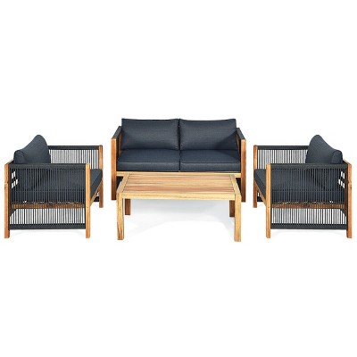 Tangkula 4PCS Acacia Wood Outdoor Patio Furniture Set Cushioned Sofa W/Nylon Rope Armrest