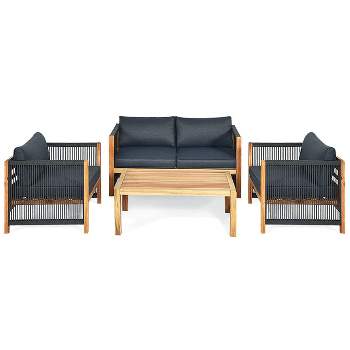 Tangkula 4PCS Acacia Wood Outdoor Patio Furniture Set Cushioned Sofa W/Nylon Rope Armrest