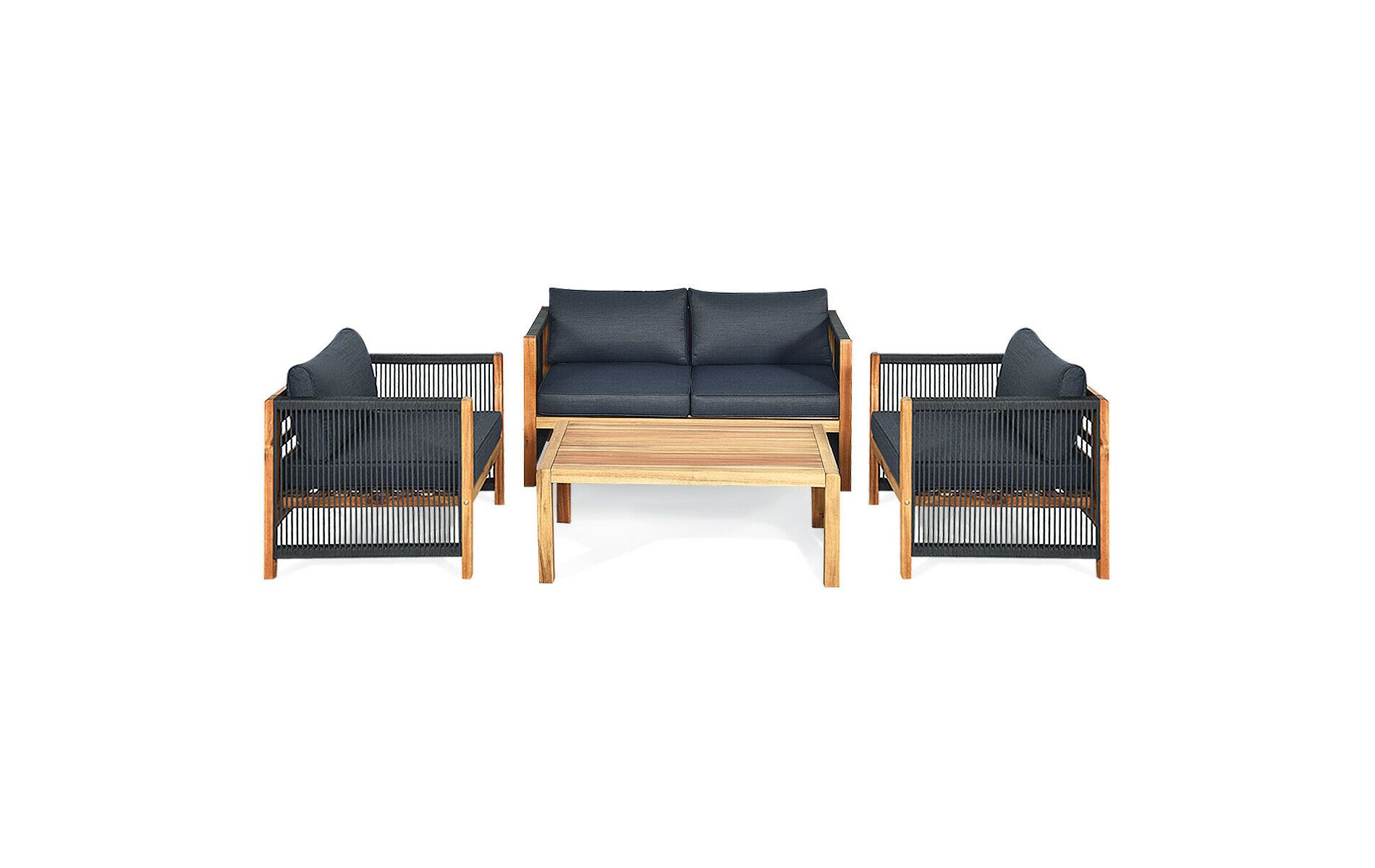 Tangkula 4PCS Acacia Wood Outdoor Patio Furniture Set Cushioned Sofa W/Nylon Rope Armrest