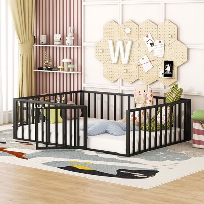 Okak Metal Floor Bed Twin/Full/Queen,Bed Frame with Heightened Fence & Lockable Door, Toddler Bed for Kids Room & Playroom