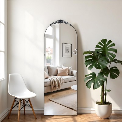 62.4x24.96 Inch Vintage Carved Wooden Right Angle Arched Black Full-Length Mirror (With Bracket)