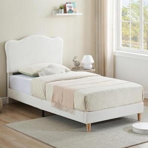 Upholstered Twin Size Bed Frame with Scallop Headboard, Cute Velvet Twin Bed for Girls/Boys, Sturdy Platform Bed, No Box Spring Needed,  Blue - 1 of 4