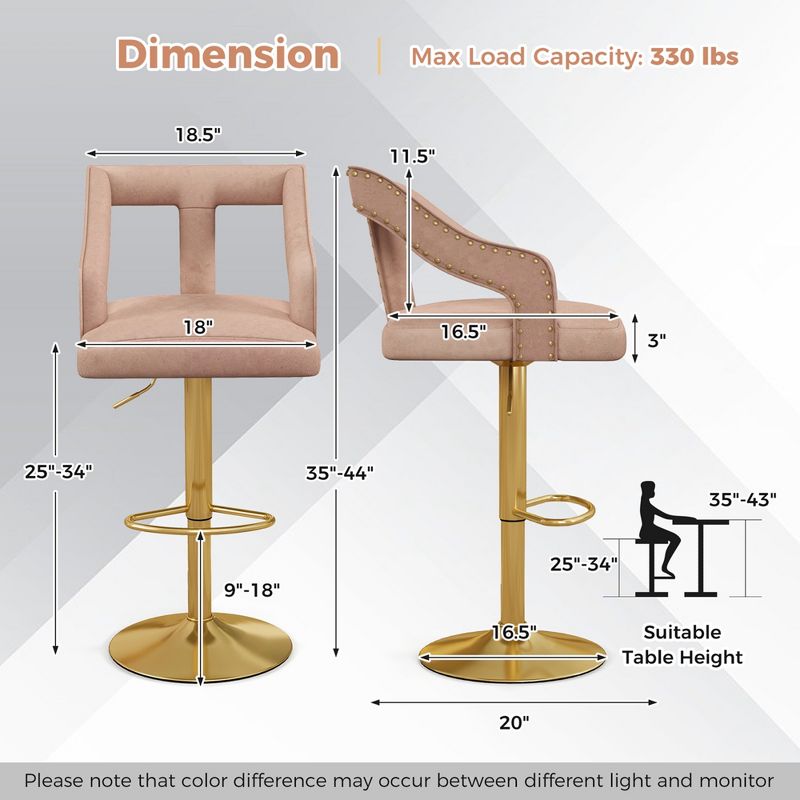 Costway Set of 2 Swivel Bar Stool with Footrest, 2-Layer Electroplated Metal Base Pink, 3 of 10