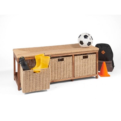 Brown Pine Kid's Storage Bench with Woven Top and Baskets