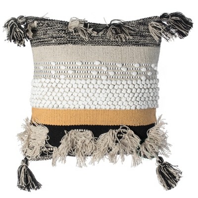 DEERLUX "16"" Boho Handwoven Cotton Throw Pillow with Tassels, Beige"