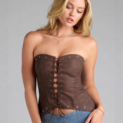 Clotth Women's Lace-Up Bustier - Cross-over straps Wrap-style top, Sleeveless Crop Top with Corset-Inspired Design, coffee