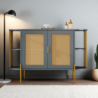 Curved Sideboard Buffet Cabinet with Gold Trim and Woven Rattan Doors, Adjustable Shelves and Open Side Storage, Storage Cabinet for Dining Room