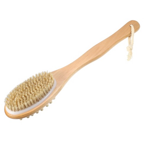 Unique Bargains Double Sided Bath Brush Wood Back Scrubber with Long Handle  for Shower 14.6 Inches Brown 1 Pcs