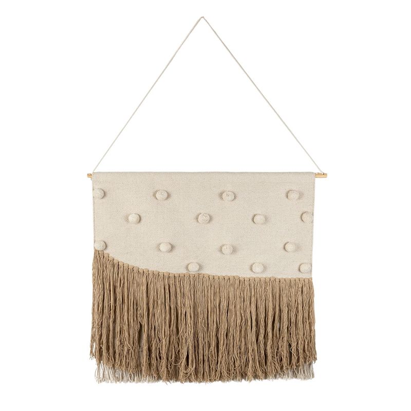 Hand Woven with Poms and Fringe Wall Art Cotton & Wood Dowel by Foreside Home & Garden, 1 of 7