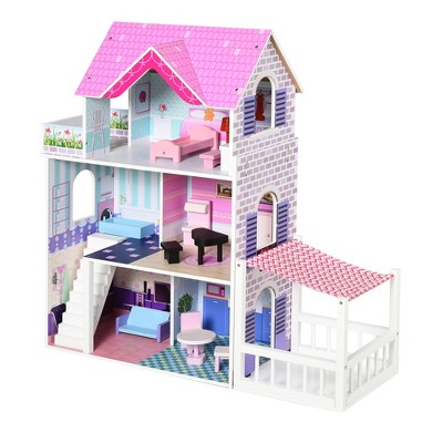 Qaba Kids Wooden Multi-Level Dream House Villa Kit with Furniture and Accessories