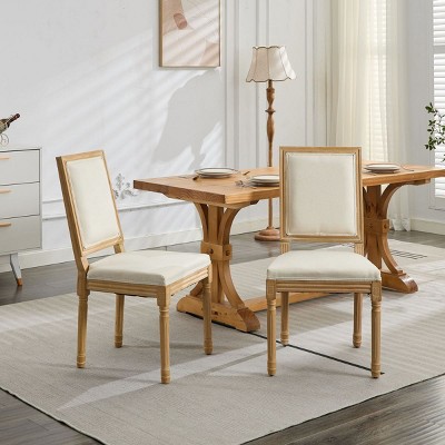 Dining Chair Set of 2 French Style with Linen Upholstery and Carved Solid Wood Frame for Living Room Dining Room-Baofuwish