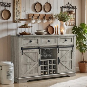 OKD 54" Wine Bar Cabinet w/Sliding Barn Door, Kitchen Coffee Bar Cabinet w/Wine & Glass Rack, 3 Drawers, Large Buffet Sideboard - 1 of 4