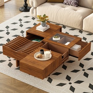 JUJABU 33'' Square Mid-Century Modern Wooden Coffee Table with 3 Storage Drawers, Tempered Glass Top and Solid Wood Legs for Living Room - 1 of 4