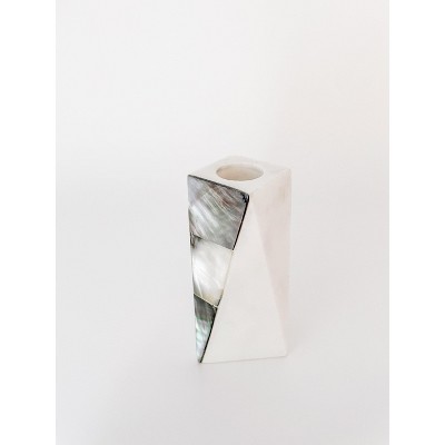 Small White Marble and Grey Mother of Pearl Candle Holder