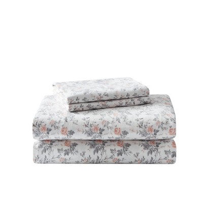 Rosalie Gray Floral Cotton Flannel Full Sheet Set