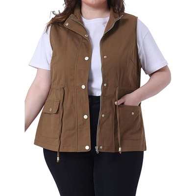 Agnes Orinda Women's Plus Size Utility Cargo Pockets Drawstring Waist Sleeveless Scrub Vests