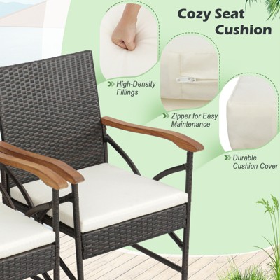 Set of 2 Brown Wicker Dining Chairs with Off-White Cushions