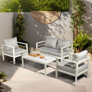 Karl Home White 4-Piece Aluminum Patio Conversation Set with Light Gray Cushions - 1 of 4