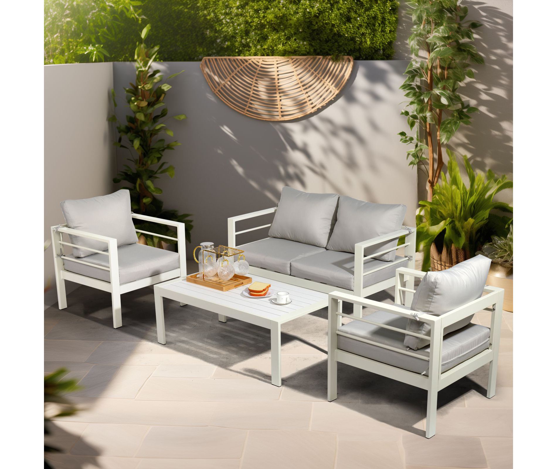 Karl Home White 4-Piece Aluminum Patio Conversation Set with Light Gray Cushions