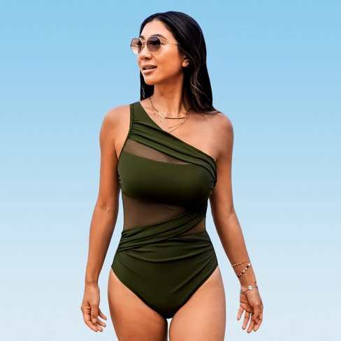 Women s Long Torso Bathing Suit Tummy Control Mesh Asymmetric Neck One Shoulder One Piece Swimsuit Cupshe Target