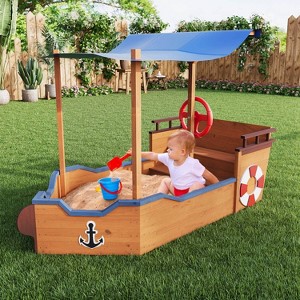 Outdoor Sandbox with Cover & Rudder, Pirate Ship Wooden Sand Box for Kids Ages 3-8, Children Outdoor Play Equipment, Brown - 1 of 4