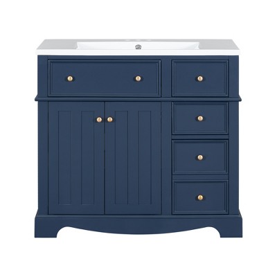 Vynxaria 36" Blue Modern Bathroom Storage Cabinet with Resin Sink and Ample Drawers