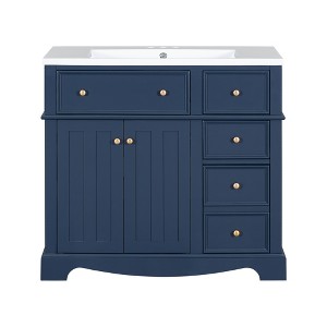 Vynxaria 36" Blue Modern Bathroom Storage Cabinet with Resin Sink and Ample Drawers - 1 of 4