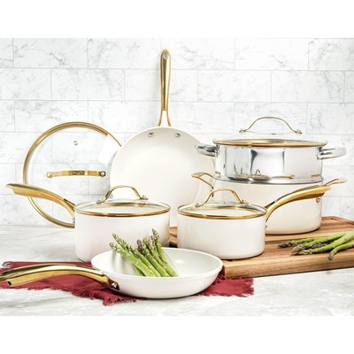 Cream and Gold 15-Piece Nonstick Ceramic Cookware Set