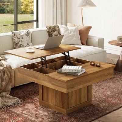 WOWLIVE Farmhouse Wood Coffee Table with LED, Lift Top Coffee Table with Storage for Living Room, Accent Table for Office Apartment