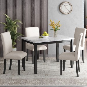 Modernluxe Faux Marble 5-Piece Dining Set Table with 4 Thicken Cushion Dining Chairs Beige+Black - 1 of 4