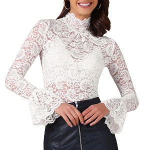 INSPIRE CHIC Women's Floral Lace Mesh Mock Neck Long Bell Sleeve Casual Dressy Blouse - 1 of 4