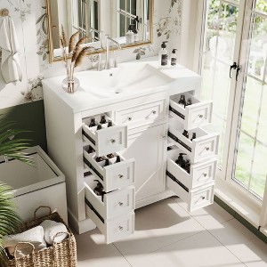 Okak 36" Bathroom Vanity with Ceramic Sink, Free Standing  Vanity Set with Cabinet and 6 Drawers, Solid Wood Frame Bathroom Storage Cabinet - 1 of 4