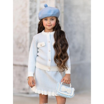 Light Blue Houndstooth Knit Cardigan and Ruffle Skirt Set Mia Belle Girls