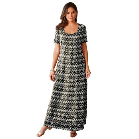 Jessica London Women's Plus Size T-Shirt Casual Short Sleeve Maxi Dress -  12, Ikat Black