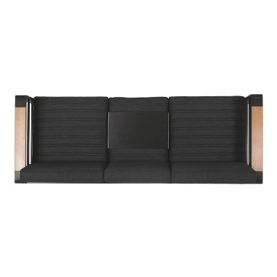 Black Aluminum and Wood Outdoor 3-Seater Sofa with Dark Gray Cushions