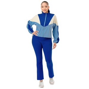 Slickblue Women's Fleece Colorblock Jacket and Flare Pants Set, Drawstring Waist, Royal Blue, Size S-L - 1 of 4