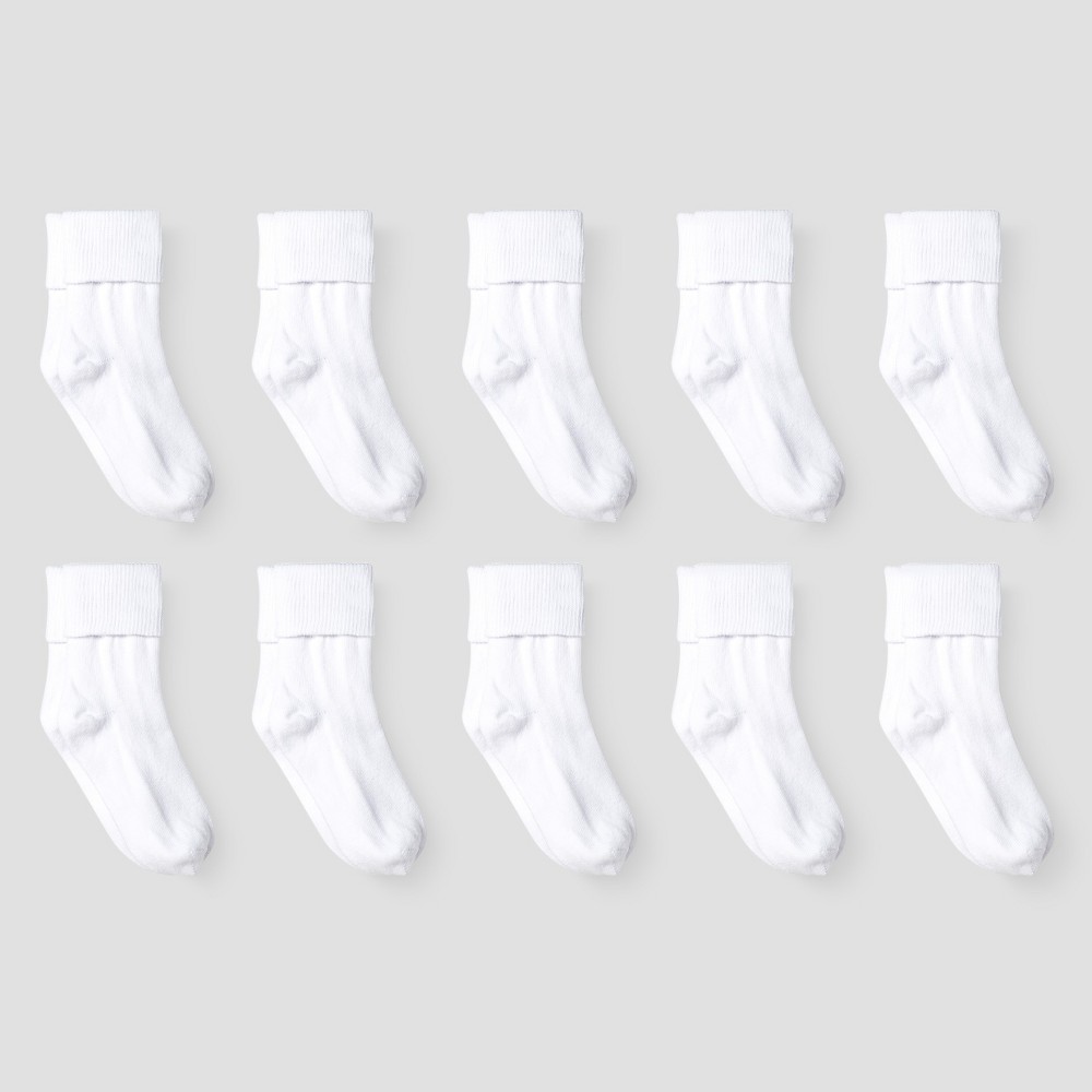 Girls' 10pk Turn Cuff Crew Athletic Socks - Cat & Jack™ White S
