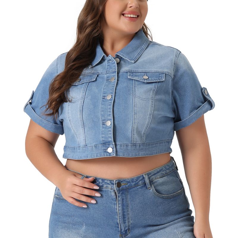 Agnes Orinda Women's Plus Size Button Front Trendy Washed Rolled Sleeves Cropped Jean Jackets, 2 of 6