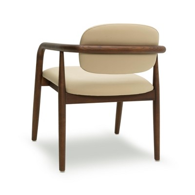 Beige Faux Leather Upholstered Arm Chair with Walnut Wood Frame