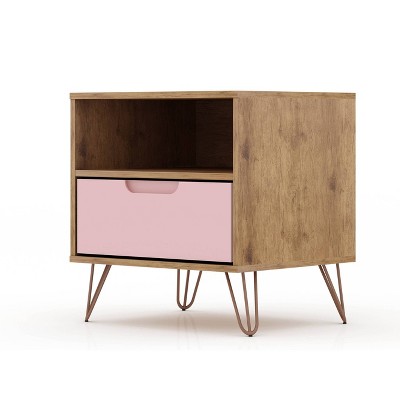 Mid-Century Rose Pink & Natural Nightstand with Metal Legs