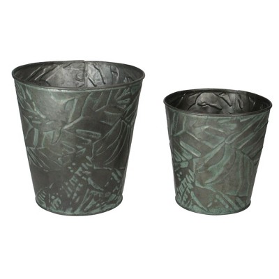 Allstate Floral Set of 2 Patina Leaf Motif Planter Buckets 11"