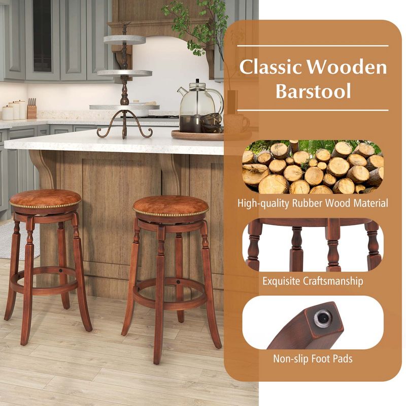 Costway 29" Swivel Bar Stool Set of 2/4 with Upholstered Seat & Rubber Wood Frame Round Walnut, 5 of 8